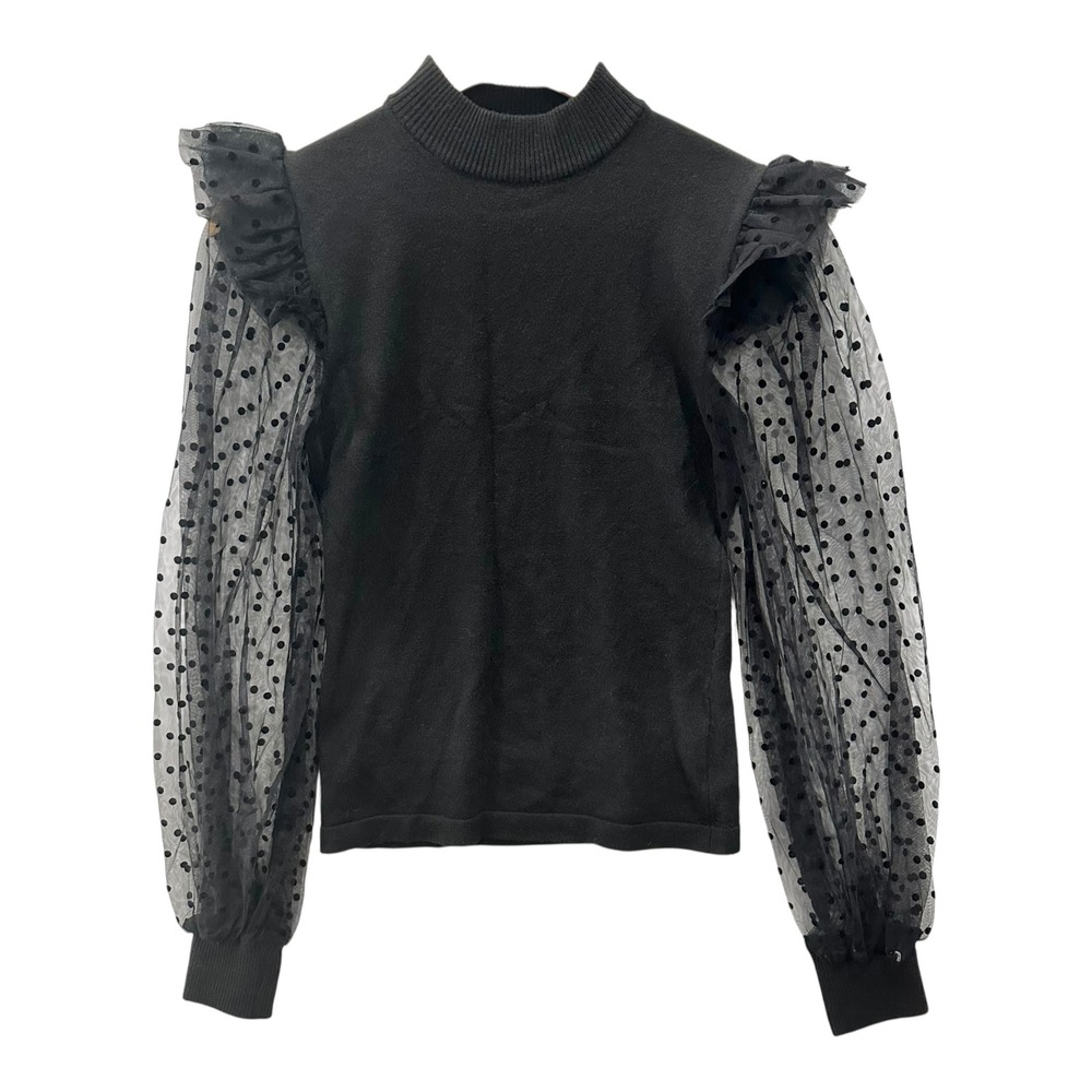 Flying Tomato Black Polka Dot Sheer Puff Sleeve Mock Neck Knit Top ISW5033 M
